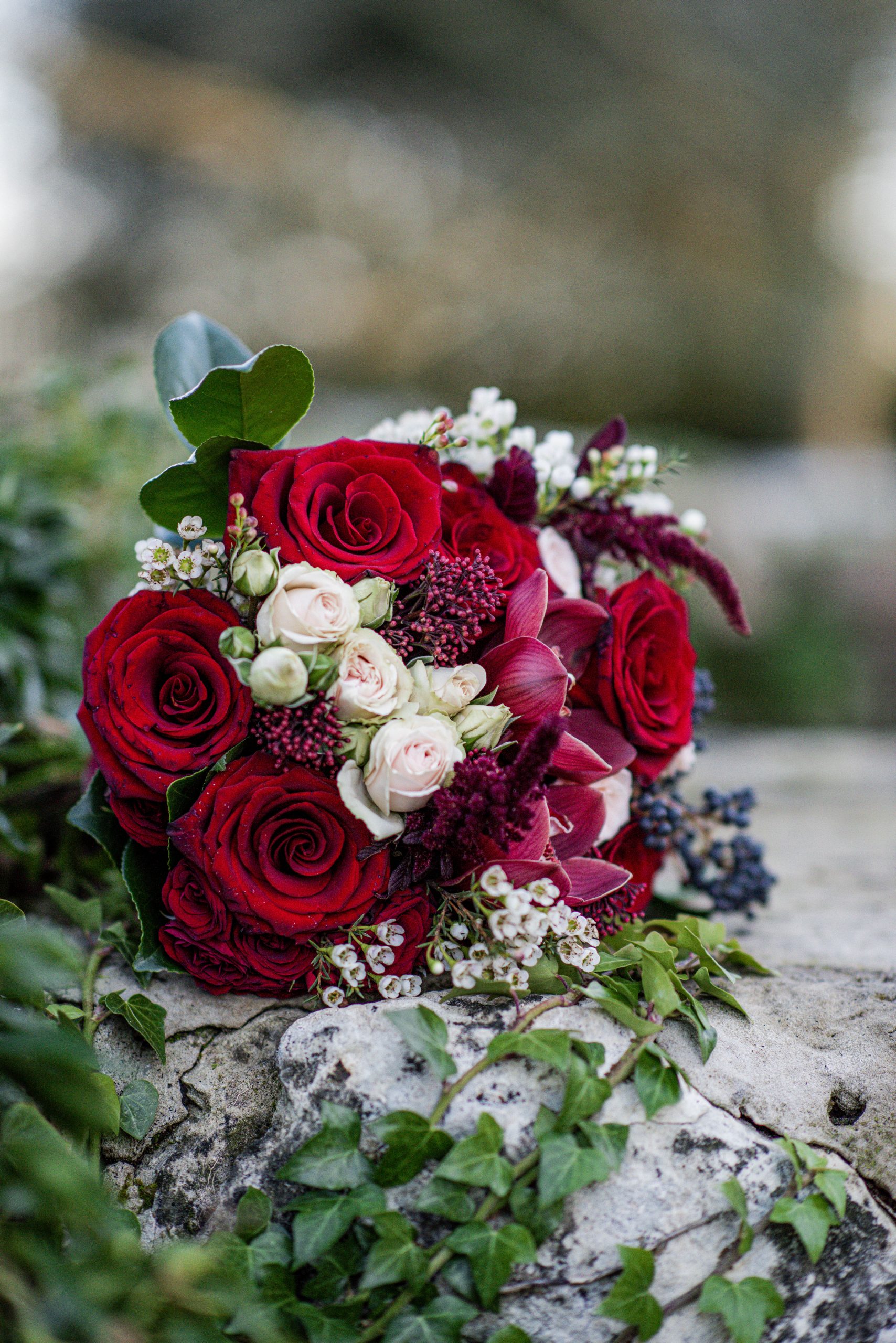 Red rose winter bridal bouquet